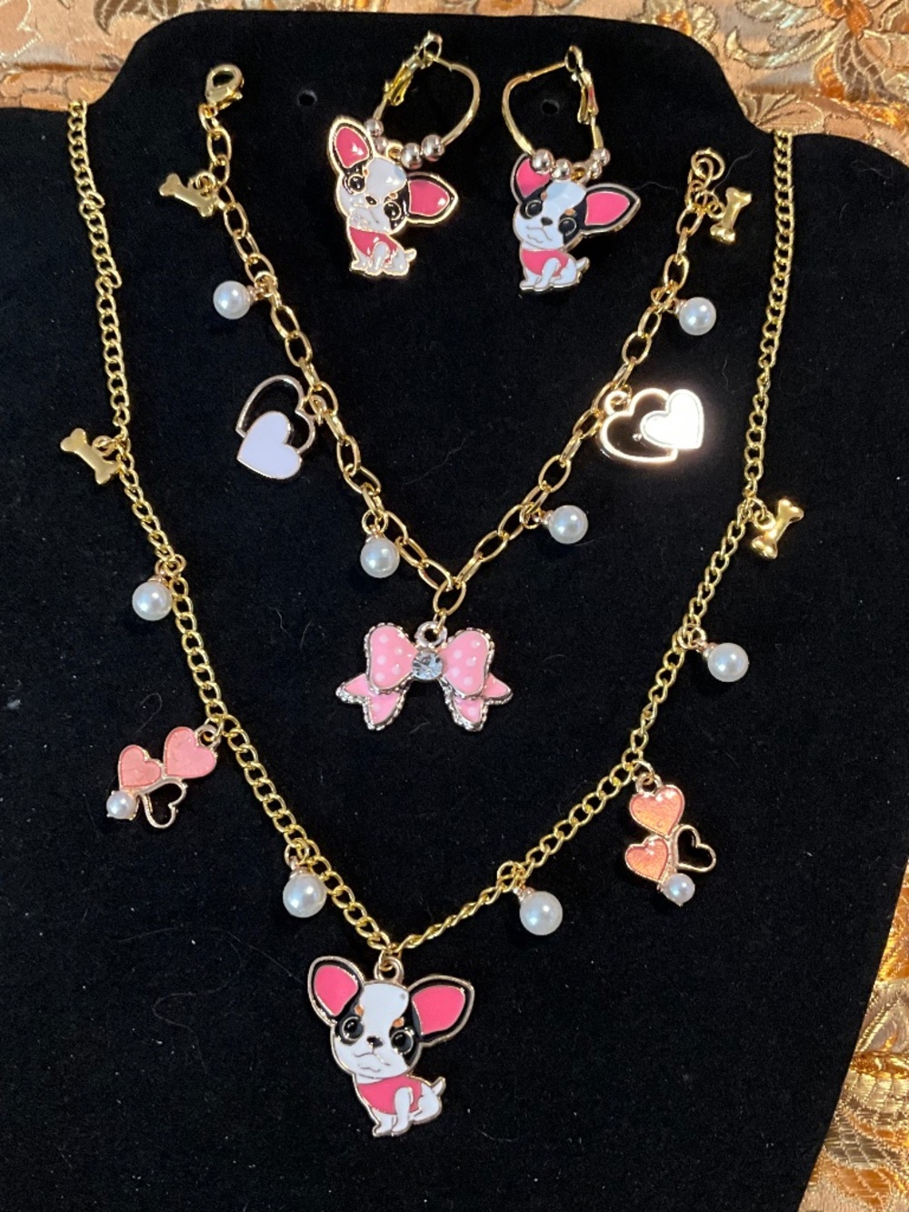 Parky’s Place Puppy Hearts & Bows Necklace Bracelet Earrings Set